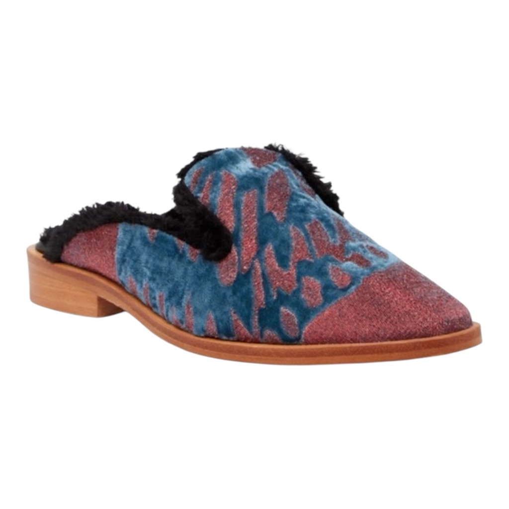 New Free People Butterfly Velvet, Metallic, Fuzzy Fur Mules - 6